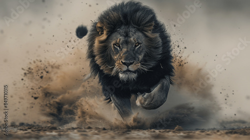 Masterpiece photograph of a black lion running at full speed in African national parks against a pure white background: National Geographic style.