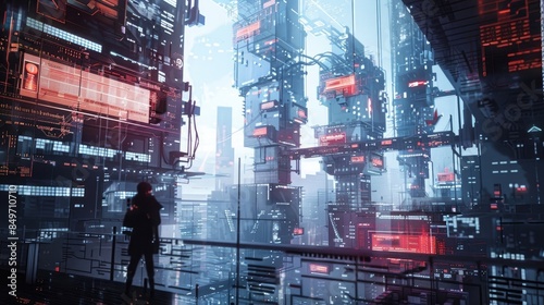 Futuristic architecture with digital connection, AI, computer screen, technology, futuristic, architecture, digital, connection, network, modern, innovation, design, abstract, building, city © Ammar