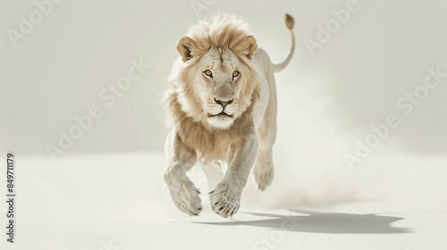 Captivating National Geographic style image of a white lion in full sprint in African national parks against a pure white background.