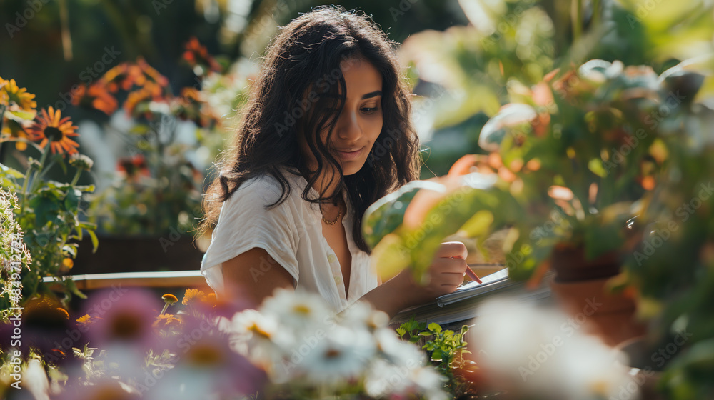 attractive indian woman writing on her book while sitting in the garden surrounded by flowers and plants. She is wearing casual and has long dark hair attractive indian woman writing on her book while sitting in the garden surrounded by flowers and plants. She is wearing casual and has long dark hair