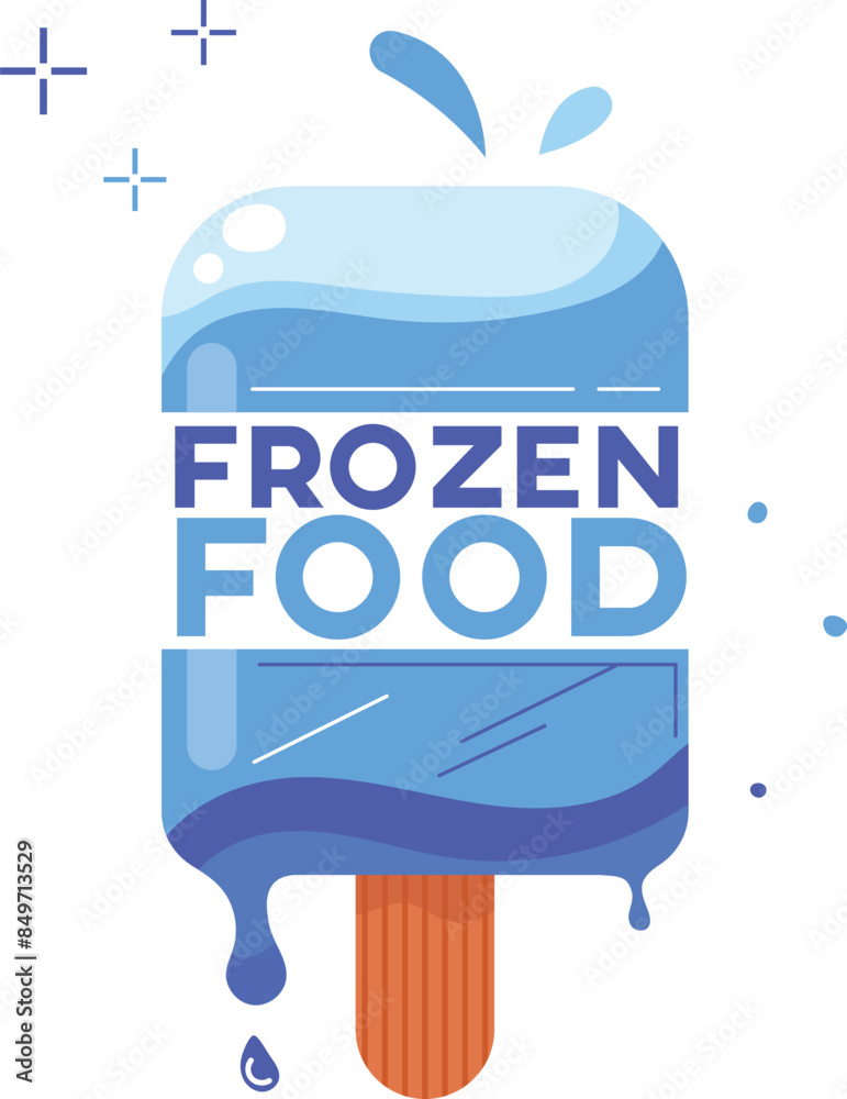 Blue popsicle graphic reading frozen food over white background. Simplified frozen treat illustration concept. Vibrant blue lolly, stylized food text graphic Blue popsicle graphic reading frozen food over white background. Simplified frozen treat illustration concept. Vibrant blue lolly, stylized food text graphic