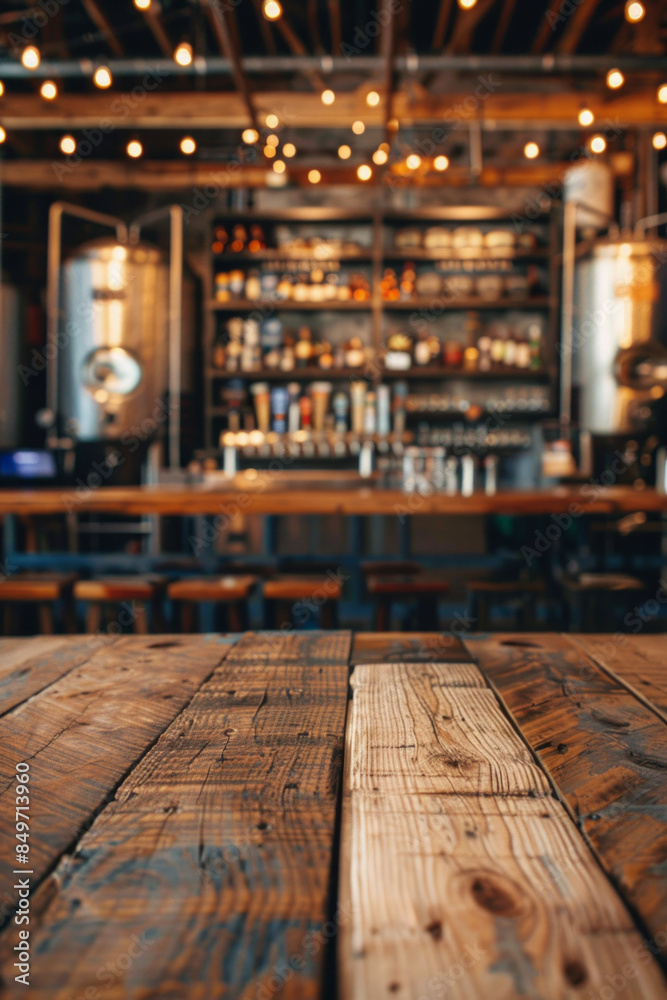 A wooden bar top in the foreground with a blurred background of a brewery tasting room. The background includes large brewing tanks, shelves with various craft beers. A wooden bar top in the foreground with a blurred background of a brewery tasting room. The background includes large brewing tanks, shelves with various craft beers.