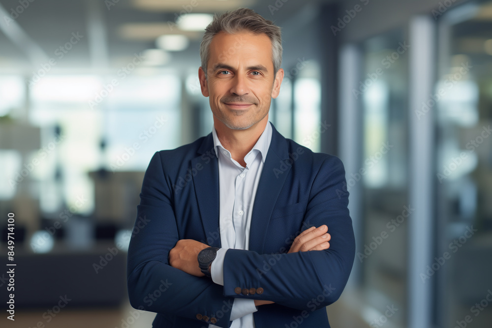 Fototapeta premium Happy middle aged business man ceo standing in office arms crossed. Smiling mature confident professional executive manager. businessman concept
