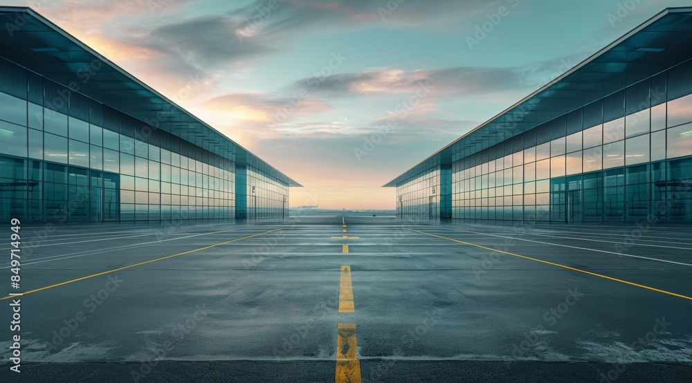 A large empty airport tarmac with a runway in the middle, modern terminal hangars, warehouse or factory A large empty airport tarmac with a runway in the middle, modern terminal hangars, warehouse or factory