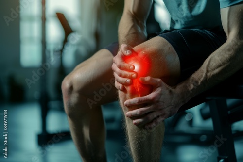 A man is sitting with his knee bent and holding his knee in pain, acute pain concept