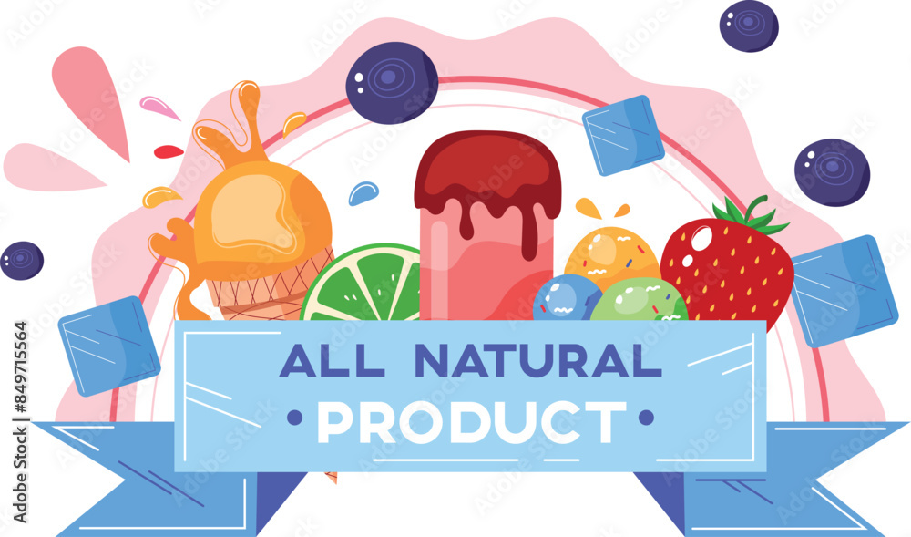 Colorful organic food illustration vibrant natural product advertising. Fresh fruits, ice cream honey design banner bright healthy eating concept. Creative all natural product promotion cartoon
