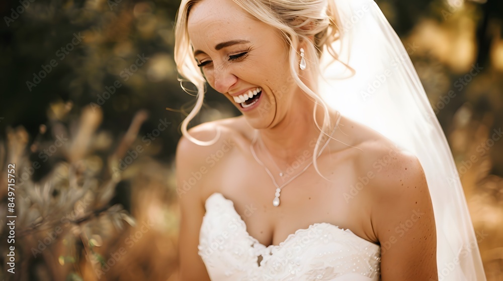 Radiant bride laughing outdoors, showcasing elegant wedding dress and natural beauty