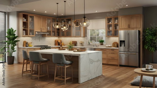 A cozy modern kitchen interior background, complete with sleek countertops, stainless steel appliances, and warm pendant lighting, High illustration, 8k image 