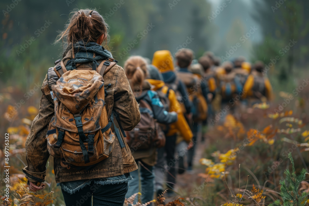 A teacher leading a class on a nature hike. Concept of environmental education and outdoor learning. Generative Ai. A teacher leading a class on a nature hike. Concept of environmental education and outdoor learning. Generative Ai.