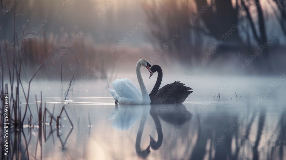 Two swans are swimming in a lake, one white and one black, abstract heart romantic love concept