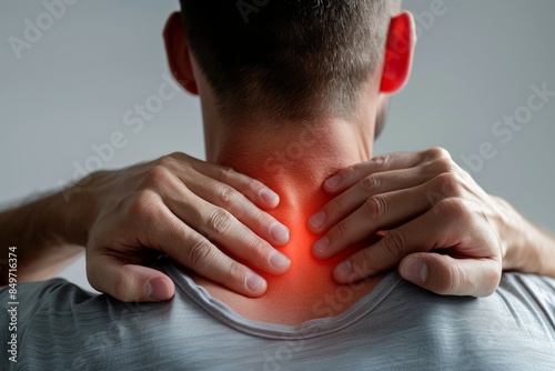 A man with a red neck and hands on his neck, acute pain concept