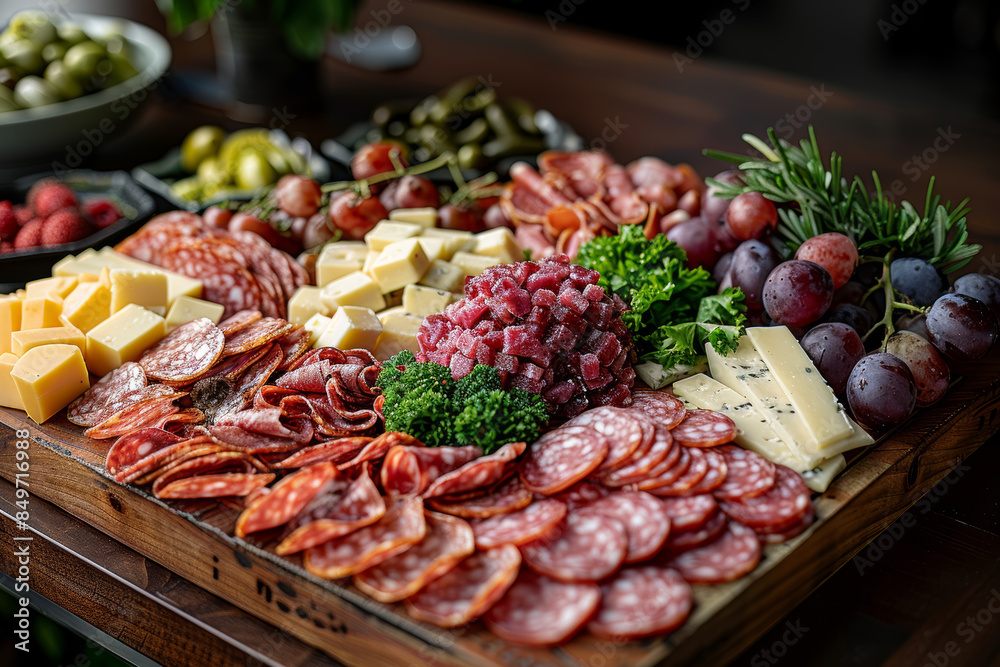 Obraz premium A beautifully arranged charcuterie board with cheeses, meats, and fruits. Concept of appetizers and entertaining. Generative Ai.