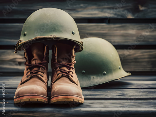Uniforme militar con casco y botas concepto de solemnidad photo