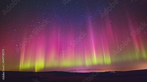 A vibrant Aurora Borealis display in the night sky over a field.