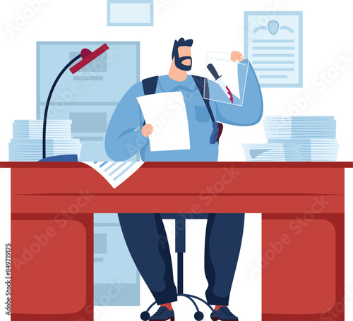 Busy office worker multitasking desk stacked papers. Male employee overwhelmed work talking phone holding documents. Cartoon man office attire stressed workload