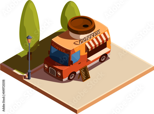 isometric coffee van in park on street, vector illustration