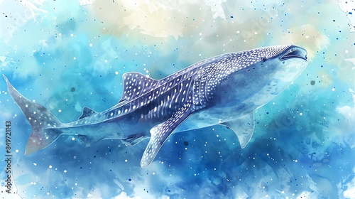 A watercolor illustration of a majestic whale shark swimming gracefully through a serene, blue ocean.