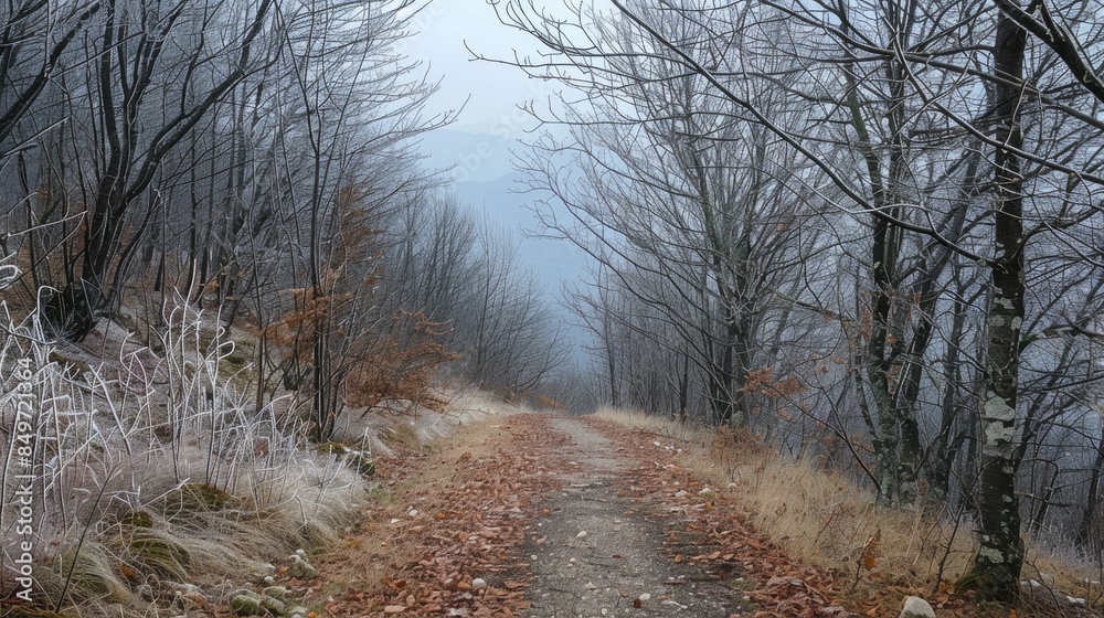 Mountain scenery in winter with leafless trees and plants alongside a walking path Mountain scenery in winter with leafless trees and plants alongside a walking path