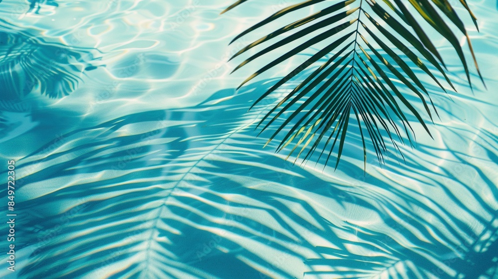 Tropical Leaf Shadow on Blue Water Surface: Abstract Summer Vacation Banner Tropical Leaf Shadow on Blue Water Surface: Abstract Summer Vacation Banner