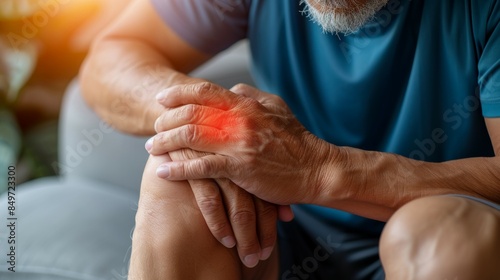 A man with a red hand and knee pain, acute pain concept