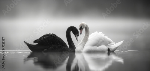 Two swans are swimming in a body of water, one black and one white, abstract heart romantic love concept photo