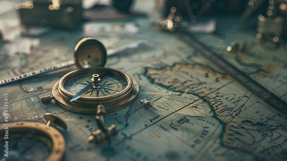An old geographic map with navigational tools compass divider ruler protractor View of the workplace of ships captain Travel geography navigation tourism and exploration concept backgr : Generative AI An old geographic map with navigational tools compass divider ruler protractor View of the workplace of ships captain Travel geography navigation tourism and exploration concept backgr : Generative AI