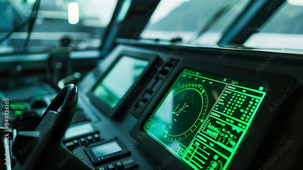 Fototapeta premium Radar screen with green display indication on a captains bridge of modern ship : Generative AI