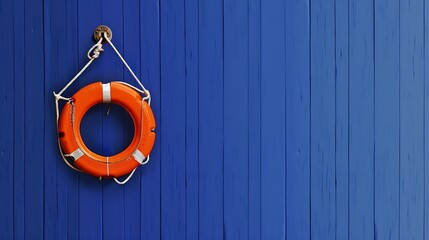 Fototapete Nautischer Stil Orangener Rettungsring auf blauem Holz  © The Little Hut