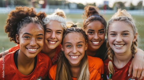 Diverse and mixed group of young female soccer players