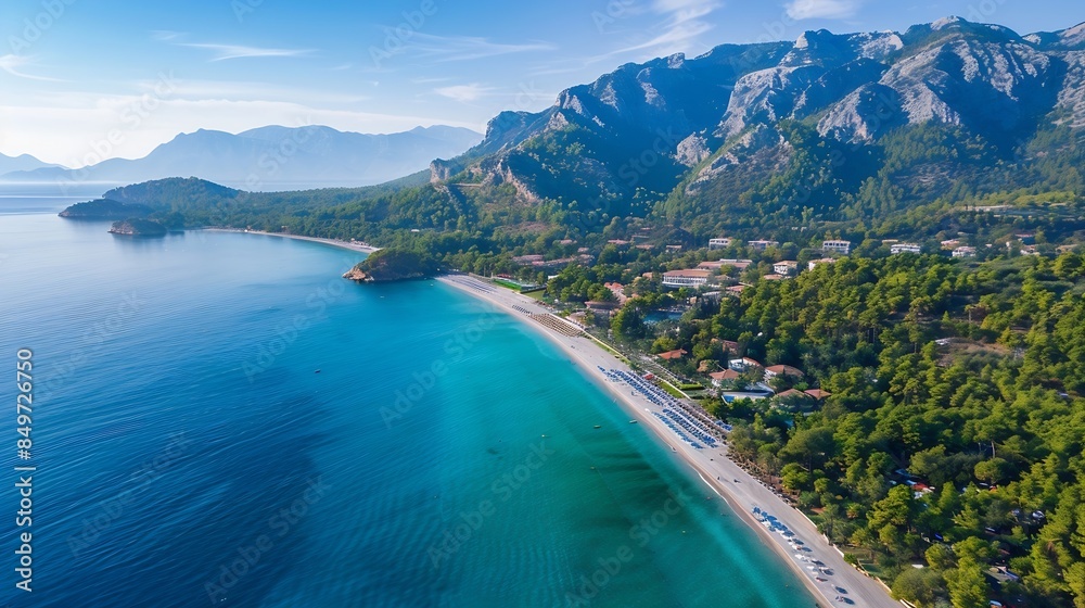 Fototapeta premium Kemer Antalya Turkey Aerial view of Moonlight Beach in Kemer Beautiful turquoise colors of Mediterranean sea Drone shot : Generative AI