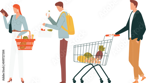 Woman holding shopping basket examining product, casual outfit. Man inspecting lettuce plastic bag, yellow backpack. Male pushing cart groceries, stylish clothing, supermarket shopping