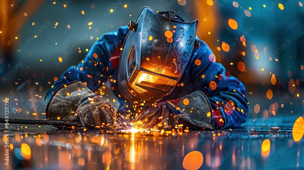 Welder at Work with Sparks Flying in Workshop. Generative ai Welder at Work with Sparks Flying in Workshop. Generative ai
