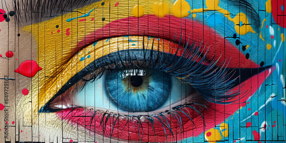 cosmetics using a phone with a tripod, pop art style, bold and vibrant colors, comic book-like design,generative ai