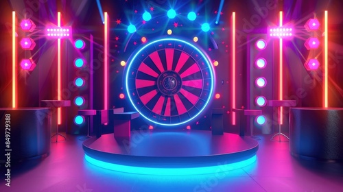 Colorful Game Show Wheel with Contestant Stands and Host Desk. Concept of Spinning Wheel, Prizes, and Entertainment photo