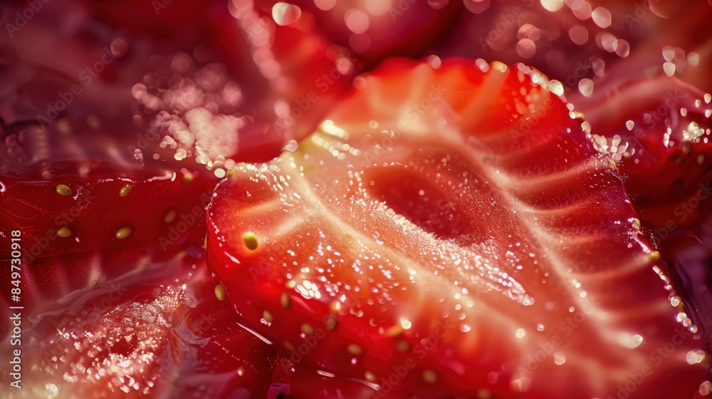 Strawberry slice macro close-up. Fresh strawberry texture surface for wallpaper banner background with copyspace Strawberry slice macro close-up. Fresh strawberry texture surface for wallpaper banner background with copyspace