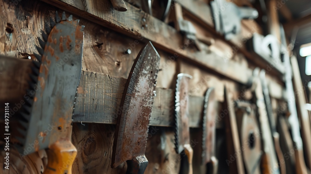 Close up of hand saws hanging on a wall in a boatbuilders workshop : Generative AI Close up of hand saws hanging on a wall in a boatbuilders workshop : Generative AI