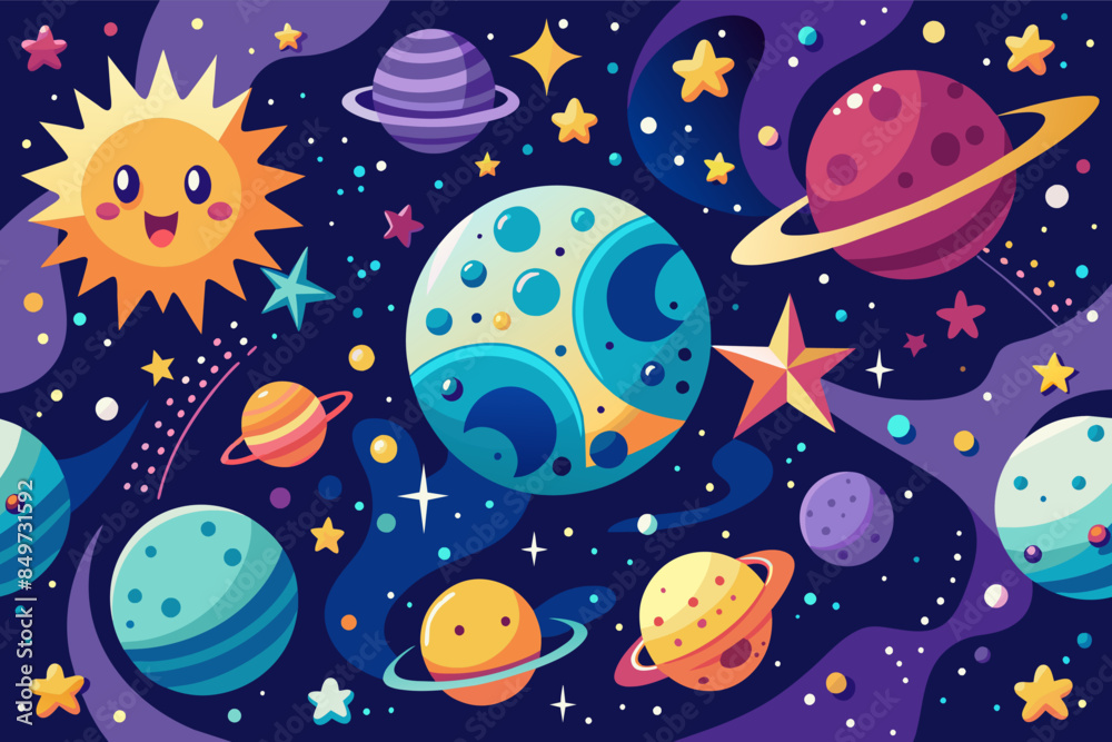 a cartoon space scene with planets and stars, celestial pattern with stars, moons, and galaxies