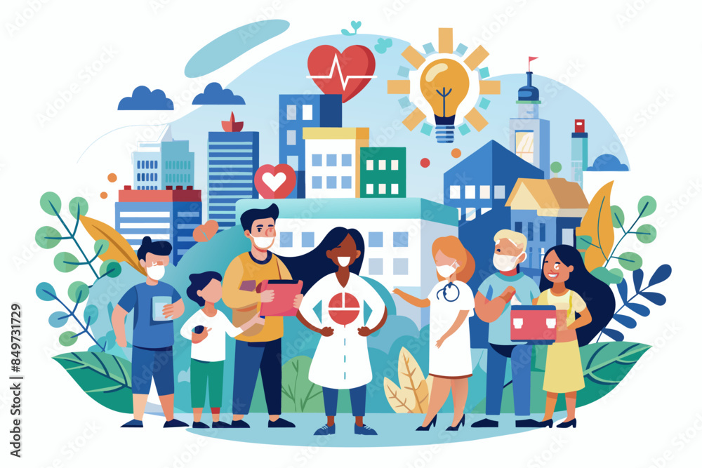 a group of people standing in front of a city, community health initiative addressing social determinantshealth and health equity