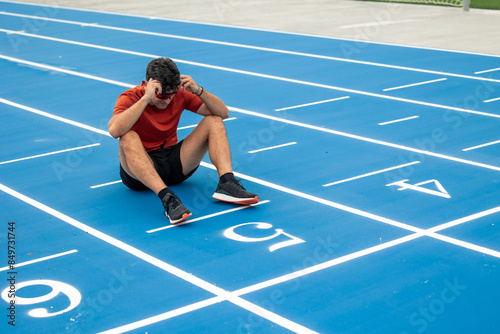 Exhausted Male Runner with Sunglasses Sitting on the Ground at Finish Line of Blue Running Track