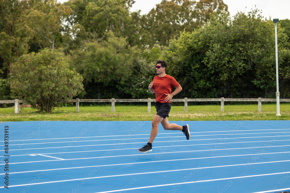 Fototapeta premium Athletic Man in Orange Shirt and Sunglasses Speedily Running on Blue Athletic Track