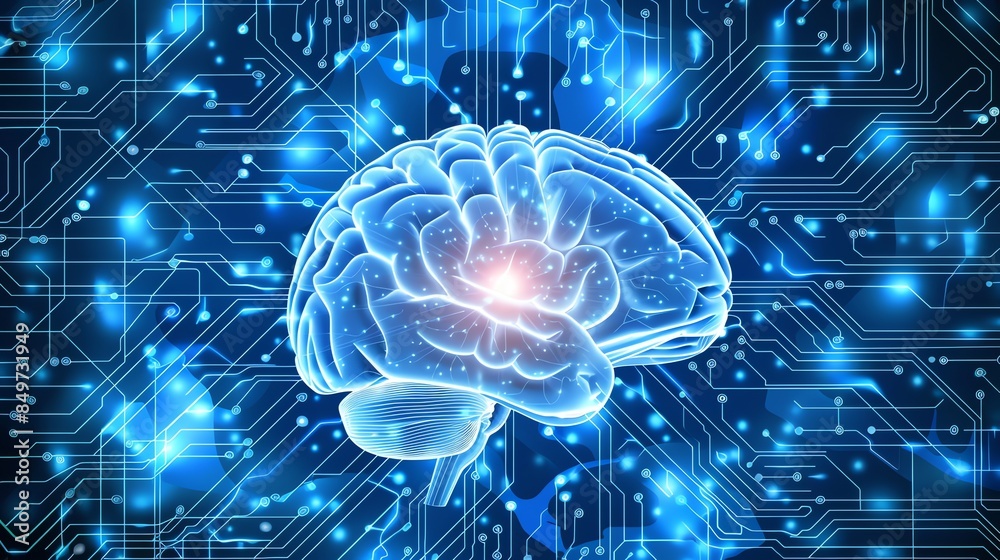 A digital rendering of a human brain with a glowing core, overlaid on a blue circuit board pattern, representing the concept of artificial intelligence. A digital rendering of a human brain with a glowing core, overlaid on a blue circuit board pattern, representing the concept of artificial intelligence.