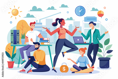 people doing yoga in the office, corporate wellness program promoting physical activity and stress management techniques for employees