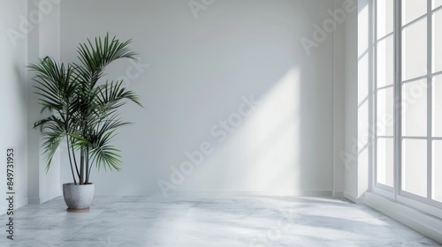 A white room with a wooden chair and a vase of flowers