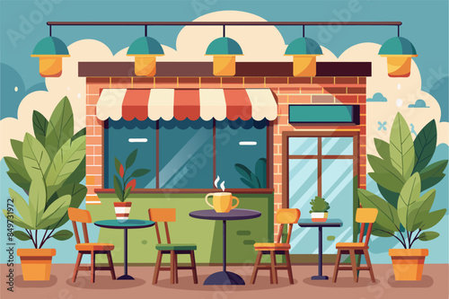 a restaurant with tables and chairs outside, cozy cafe in flat design, with tables, chairs, and steaming cupscoffee