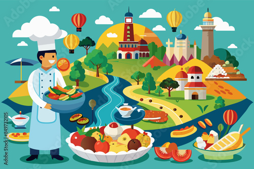 a chef is standing in front of a large city, culinary tour showcasing the diverse flavors and cuisinesa particular region or country