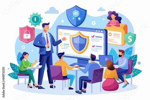 a man in a suit is giving a presentation to people, cybersecurity seminar educating individuals and businesses on best practices for online safety and data protection