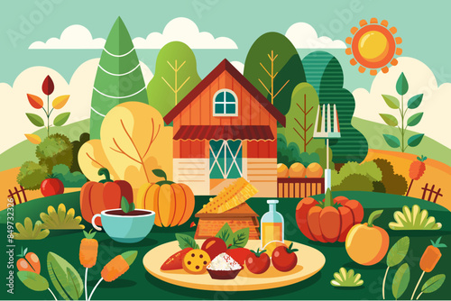 a farm with a barn, a barn, and a lot of food, farm-to-table restaurant concept highlighting seasonal ingredients sourced from local farmers
