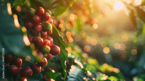 Coffee beans ripening, fresh coffee,red berry branch, industry agriculture on tree in North of Asia photo