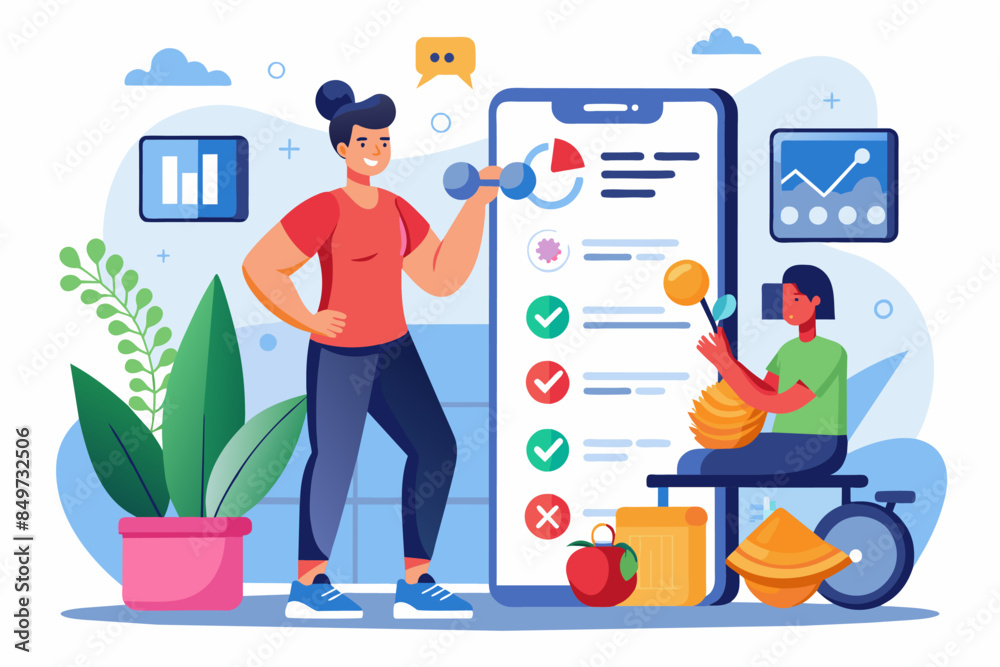 a man and woman standing next to a clipboard with a checklist on it, fitness app offering personalized workout plans, nutrition guidance, and progress tracking