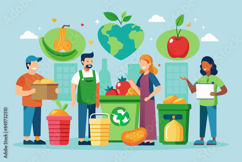 people standing around a table with food and vegetables, food waste reduction initiative partnering with restaurants and grocery stores to redistribute surplus food to those in need